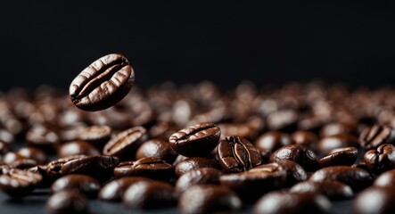 Poster - Closeup View of Brown Roasted Coffee Beans Set on a Dark Background