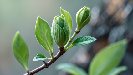 Poster - Selective focus on green plant bud on branch against a soft blurred spring nature background