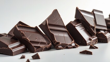 Poster - Chopped pieces of chocolate bar on a white surface. Dark chocolate chunks.
