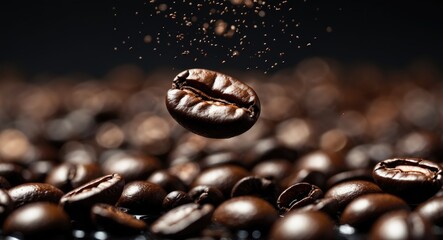 Poster - Dark Background Featuring Closeup of Brown Roasted Coffee Beans
