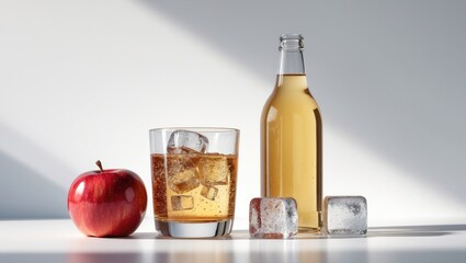 Aufkleber - Container and drinking glass with ice pieces of apple cider alongside a fresh red apple on a white backdrop