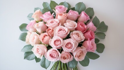 Poster - Arrangement of pink roses on a light background. Minimalist style. Overhead shot
