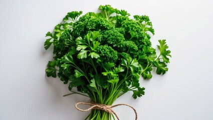 Poster - Fresh parsley cluster on white background, aerial perspective