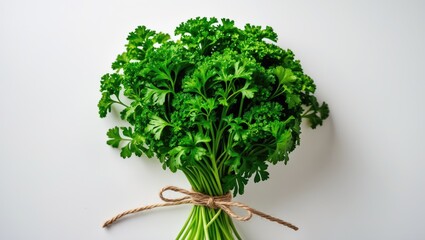 Poster - Isolated fresh parsley arrangement on white surface, viewed from above
