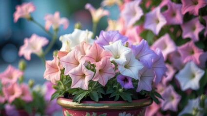 Poster - Close-up of colorful mixed petunia flowers in shades of pink and purple in an ornamental flower pot, with a floral wallpaper background of blooming petunias