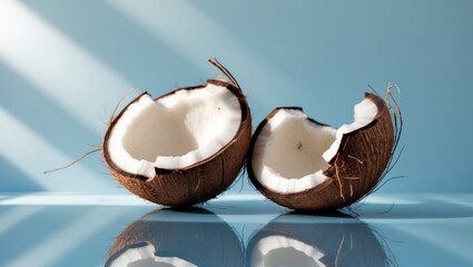 Poster - Fragments of coconut against a blue surface. Seasonal background, open area for decoration.