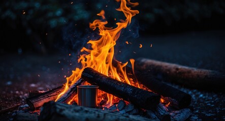 Poster - Fire pit. Large orange fire on a black canvas. Heat on dark. Radiantly, warmth, brightness, camping