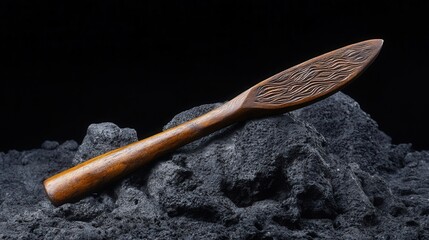 Poster - A carved wooden knife resting upon a rough volcanic stone