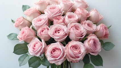 Poster - Bunch of pink roses placed on a white background. Streamlined design. Flat perspective
