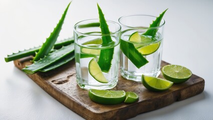 Poster - Board displaying glasses of aloe drink and leaves on a plain white surface