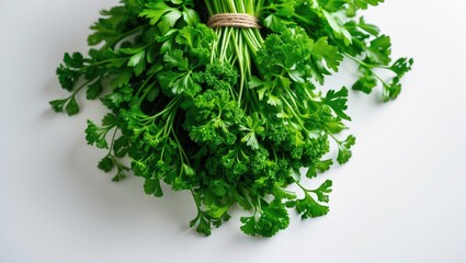 Poster - Aerial shot of fresh parsley bunch on a white backdrop