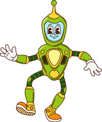 Aufkleber - Groovy cartoon retro robot or funny droid character and space android, vector personage. Groovy retro robot or alien cyborg bot with happy smiling face in helmet with antenna for kids robot character