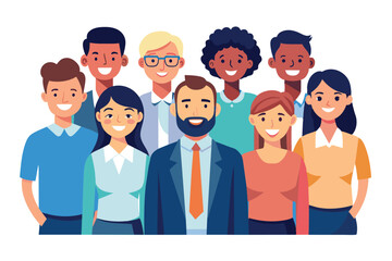 Poster - A group of nine smiling individuals stands together in a contemporary office backdrop, representing diversity and teamwork among colleagues engaged in professional endeavors.