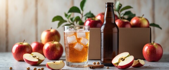 Aufkleber - Homemade organic apple cider in a bottle and glass with fresh apples in a box behind, glass filled with ice cubes