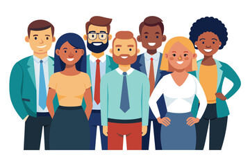 Poster - Seven professionals with varying backgrounds are smiling and standing together in a modern office space, showcasing teamwork and collaboration in a corporate environment.