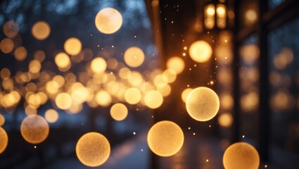 Aufkleber - Shiny blurred golden bokeh orbs on a shadowy background, abstract pattern, outdoor lights decoration.