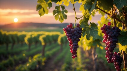 Poster - Vine Plant with Hanging Bunches of Grapes Amidst Defocused Vineyard