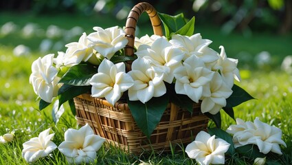 Aufkleber - A grouping of gardenia flowers placed in a bamboo basket, striking on a backdrop of green grass.