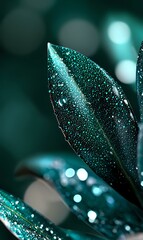 Poster - Dark green leaf covered in morning dew drops against blurred bokeh background creates magical natural macro photography effect in turquoise tones.