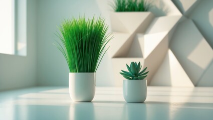 Poster - White desk featuring notebooks and a pot of grass. Blank wall offers copy space.