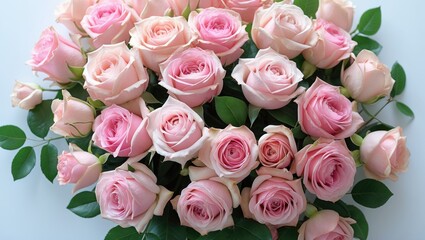 Poster - Pink rose bouquet against a white backdrop. Simple arrangement. Top view