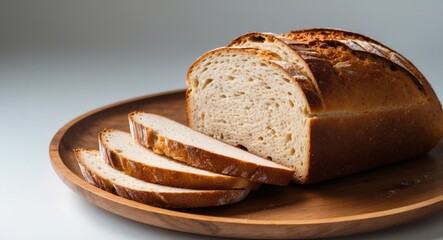 Poster - Homemade Sliced Bread on Wooden Plate Isolated, Brown Organic Cereal Bread Pieces and Round Loaf Slices on White Background Side View
