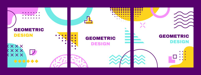 Aufkleber - Memphis square covers with geometric shapes pattern background. Vector line art graphic banner or brochure covers templates with abstract modern memphis shapes and trendy color minimal art figures