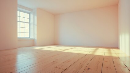 Poster - empty white room with sunlight streaming through window and wooden floor