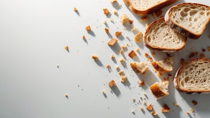 Poster - Top-down view of bread slices and crumbs set against a white background