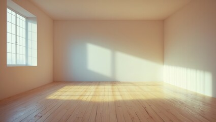 Poster - empty white room with wooden flooring and sunlit window