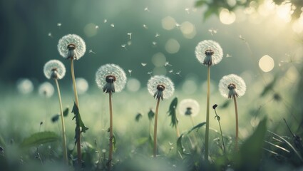 Poster - White fluffy dandelions with a natural green blurred background and selective focus.