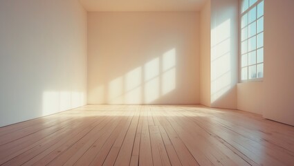 Poster - white empty room with wooden flooring and sunlight streaming through the window