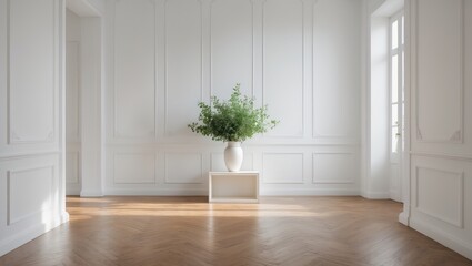 Poster - White classic wall backdrop, brown parquet flooring, detail of home furniture, vase with plant and frame.