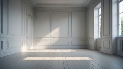 Poster - White classic wall background, brown parquet flooring, detail of home furniture, frame and vase.