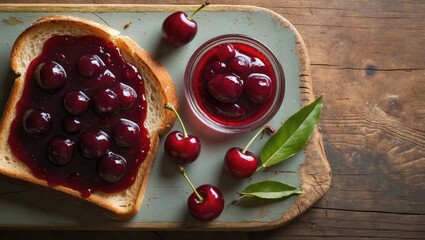 Aufkleber - Bowl of cherry jam with toast on a rustic wooden background