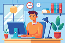 A young man sits at his desk working on a computer in a well-lit office. The space features plants and neatly arranged shelves, creating a productive atmosphere.