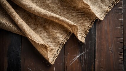 Poster - Burlap hessian sacking displayed on a wooden surface, seen from above
