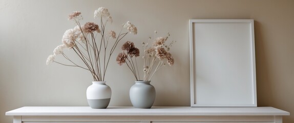Poster - white frame mock up and dried twigs in vase on bookshelf or desk. White colors.