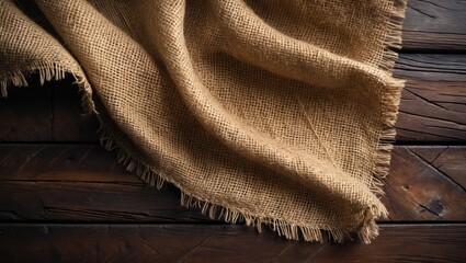 Poster - Top view of burlap hessian sacking on wooden tabletop