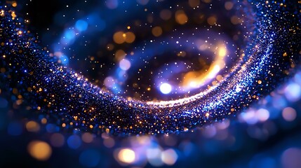 Poster - Magical swirling trail of glowing blue and gold particles creating spiral light path against dark background with bokeh effect and sparkles. Cosmic abstract design.