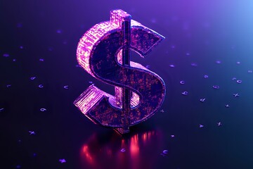 Poster - Glowing purple dollar sign with digital circuit pattern on dark background reflecting on surface with scattered light particles in futuristic style.