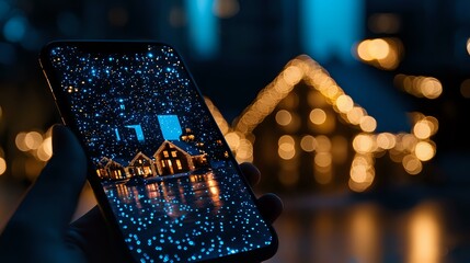 Poster - Smartphone displaying illuminated house reflection on wet screen with bokeh lights in background creates magical evening atmosphere with raindrops and glow.