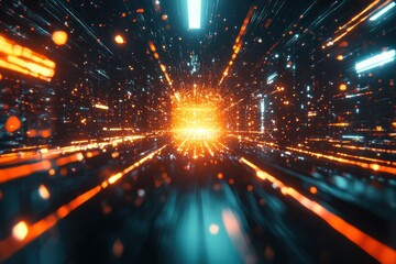 Poster - Neon glowing futuristic particles create dynamic movement in a digital abstract space, Neon glowing futuristic polygonal particles abstract hi-tech motion background