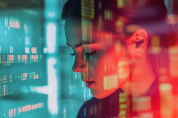 Poster - caucasian businesswoman analyzing financial data in a bright digital environment, financial data pro