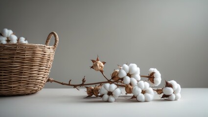 Poster - Straw wicker basket, natural cotton fabric, and cotton flower branch on a gray surface. Stylish handmade bamboo basket as an interior item. Home decor featuring natural eco materials and a storage ...
