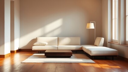 Poster - Serene living room interior showcasing natural light, minimalist furniture, and wooden flooring. Ideal for real estate marketing.