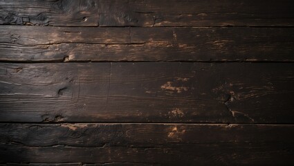 Poster - Weathered dark brown wooden tabletop with a rustic grunge finish, perfect for creating a natural backdrop or banner.