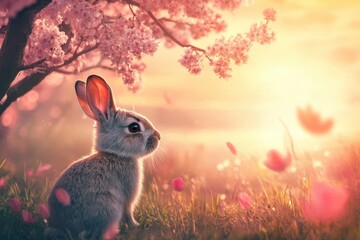 Poster - Beautiful rabbit sitting gracefully near a blossoming tree during sunset, beautiful rabbit near a blossoming tree