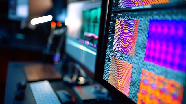 Vibrant Abstract Digital Art Colorful Patterns Design Modern Geometric Shapes Background Texture Illustration Graphic Design Wallpaper Trendy Style Vivid Hues Computer Screen Display Neon Bright      