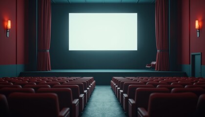 Aufkleber - Empty cinema hall with a blank screen and red curtains  